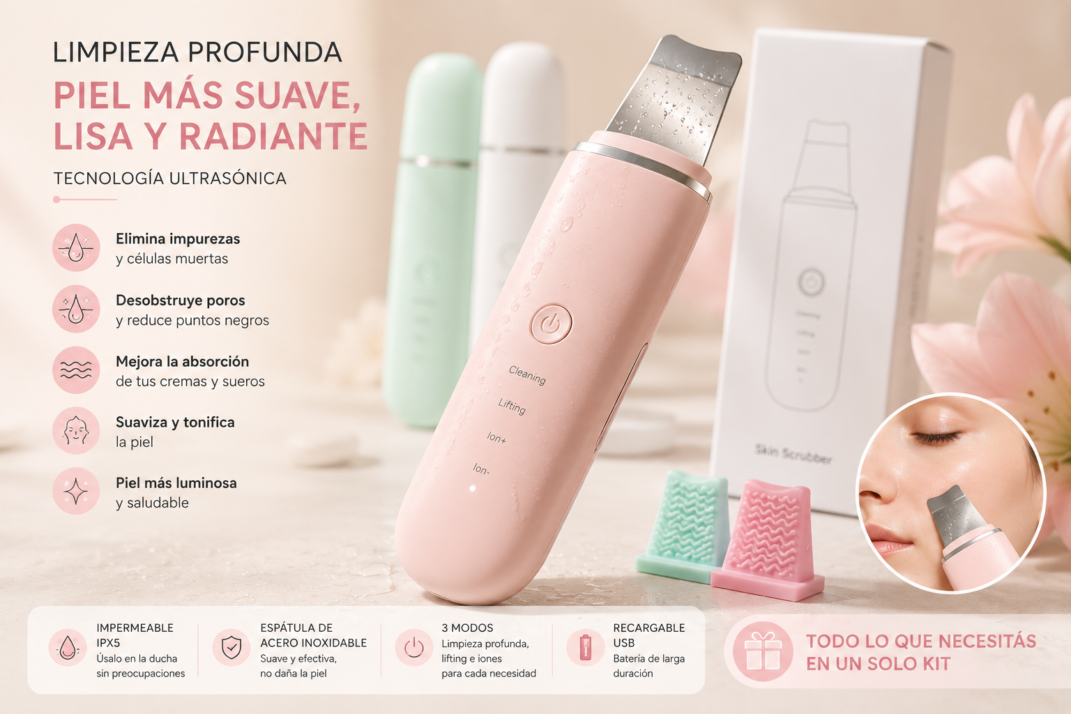 GlowClea Peeling Ultrasónico Facial y Limpiador de Poros Profundo