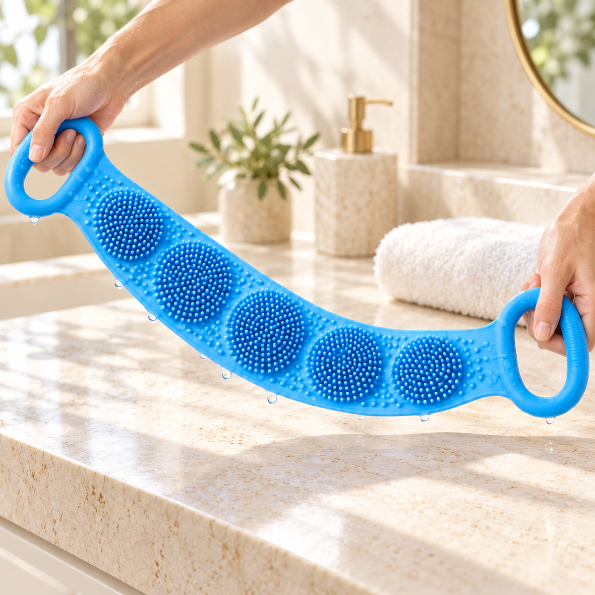 Dos manos sujetan el cepillo azul y muestran su flexibilidad; imagen ambientada digitalmente