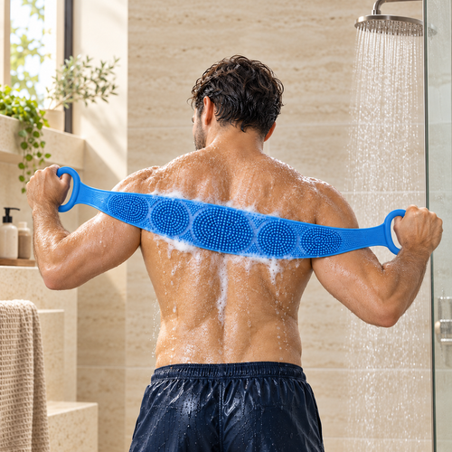 Hombre adulto usando el cepillo azul en la espalda; imagen ilustrativa generada digitalmente