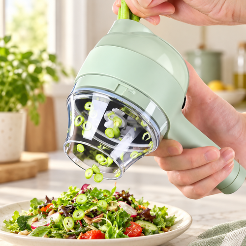 Cortador eléctrico verde en uso sobre una ensalada; imagen ambientada digitalmente