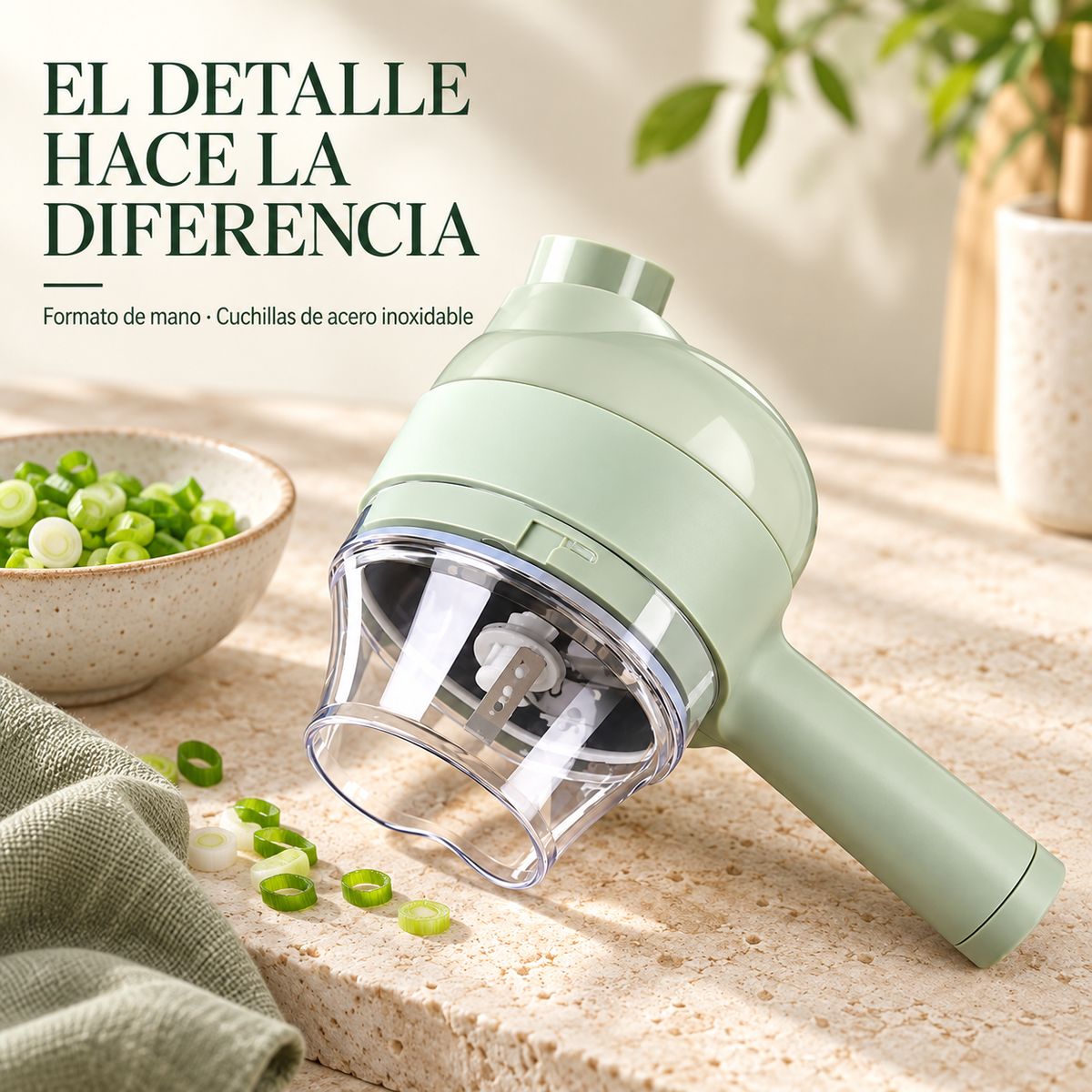 Detalle del cortador Premium y sus cuchillas; imagen ambientada digitalmente