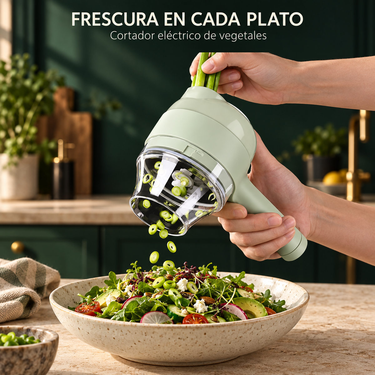 Cortador Premium en cocina verde, en uso sobre ensalada; imagen ambientada digitalmente