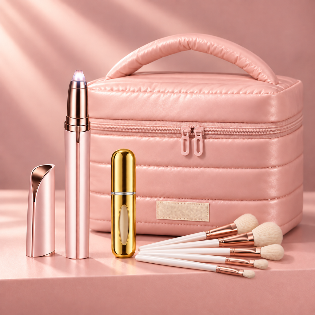Kit completo con depilador de cejas, neceser rosa, perfumero dorado y cinco brochas blancas. Imagen ilustrativa.