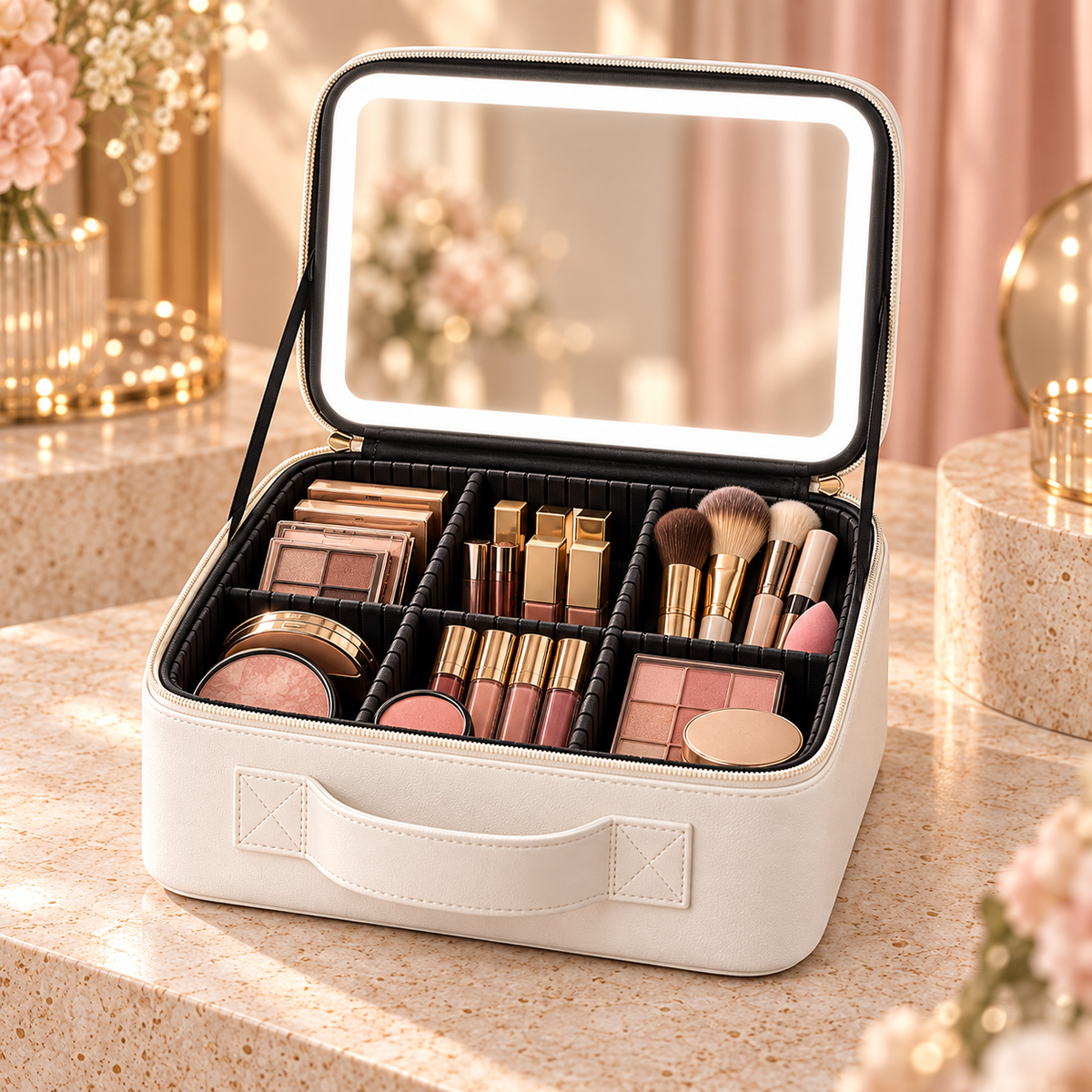 Neceser blanco con espejo LED y maquillaje ilustrativo no incluido