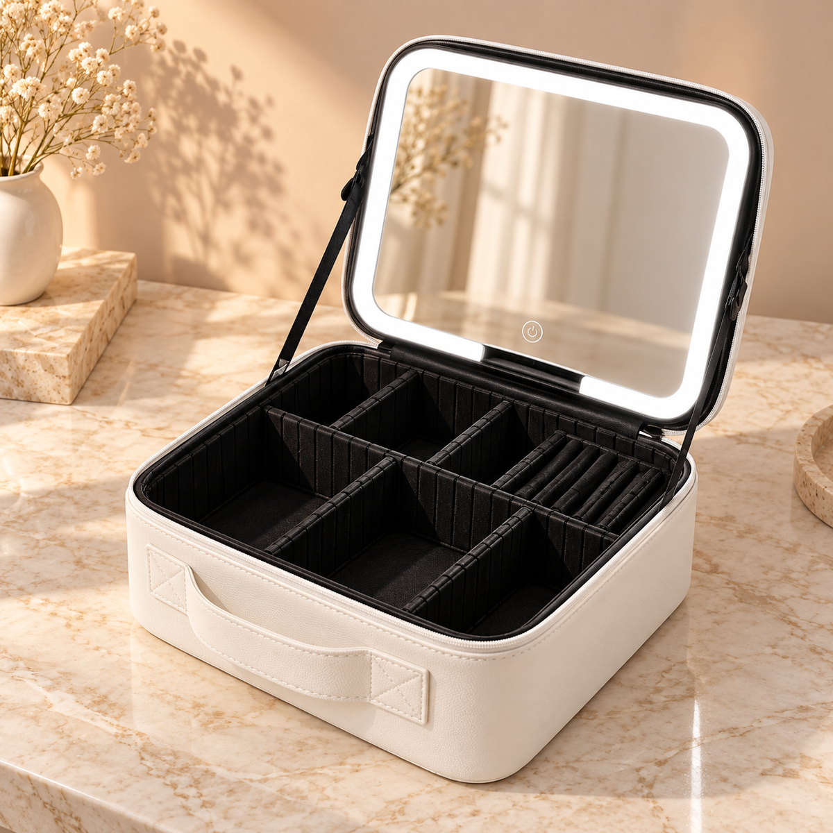 Neceser blanco con espejo LED táctil iluminado