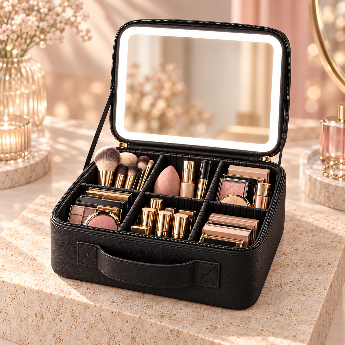 Neceser negro con espejo LED y maquillaje ilustrativo no incluido