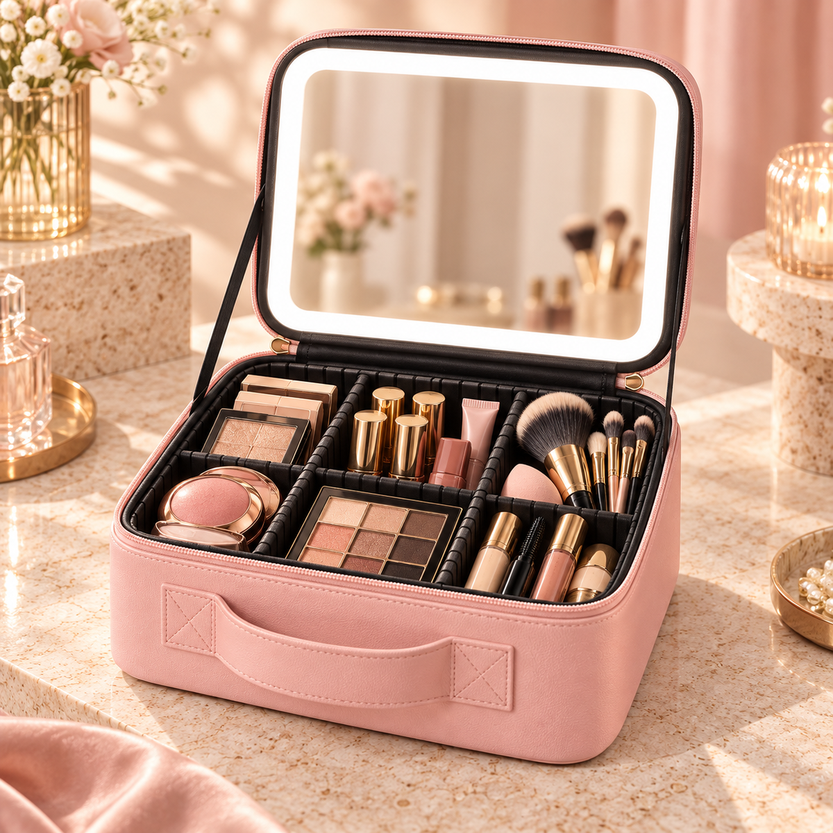 Neceser rosa con espejo LED y maquillaje ilustrativo no incluido