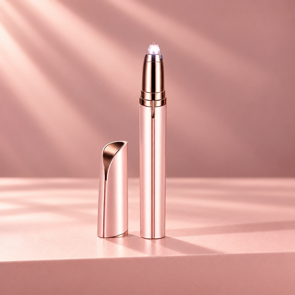Depilador de cejas rosa dorado con tapa sobre un fondo rosa premium